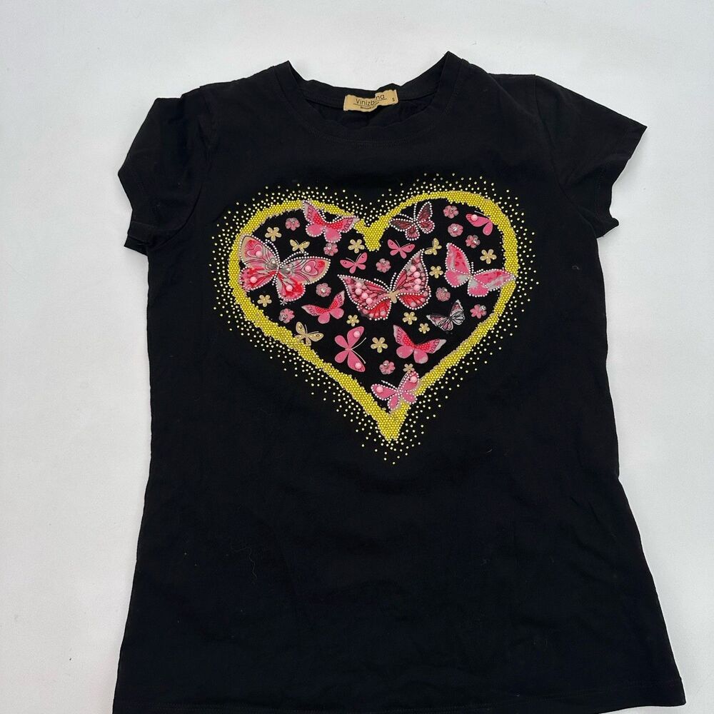 Vinizbena T-Shirt‎ Women’S  Black Heart butterfly Rhinestone Cotton Stretchy